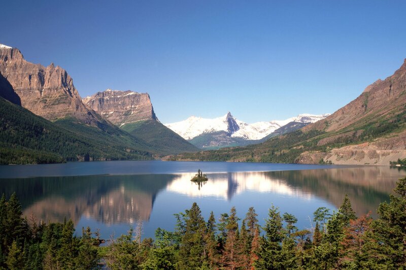 Mountain Lake with Island — Blue, Serene, Afternoon, Photograph