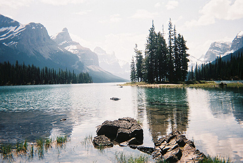Mountain Lake with Island — Blue, Serene, Afternoon, Photograph, Trees