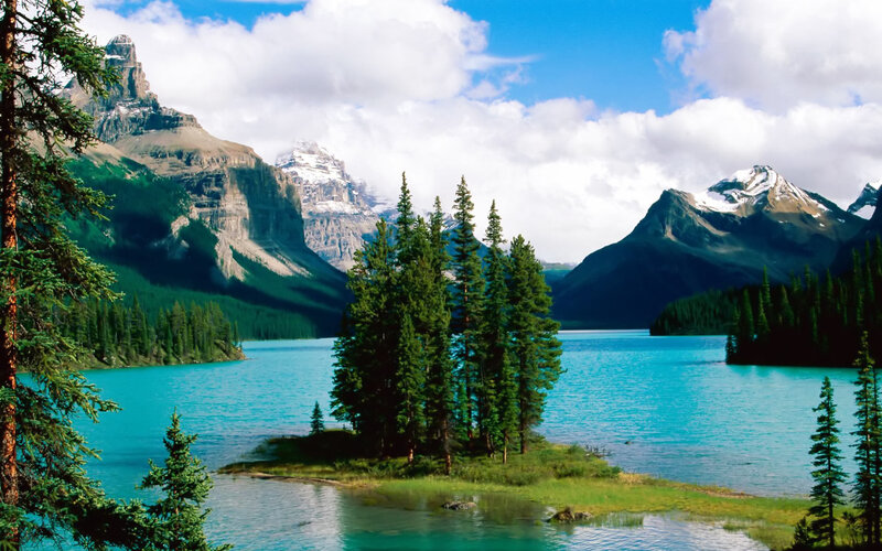 Mountain Lake with Island — Blue, Serene, Afternoon