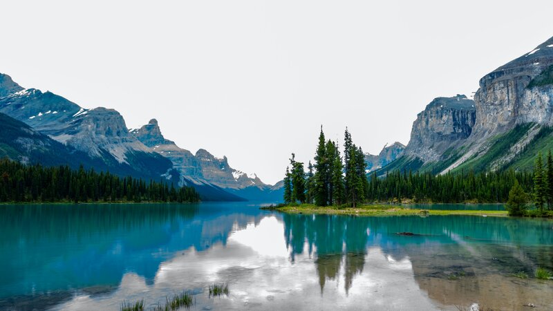 Mountain Lake with Island — Blue, Serene, Morning, Photograph