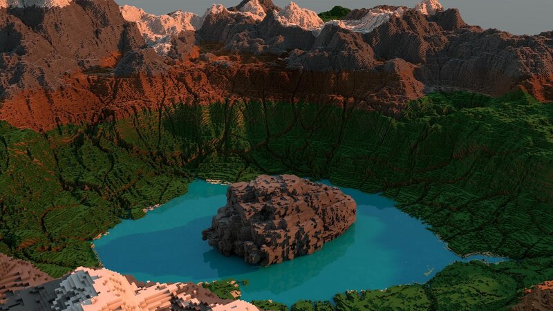 Mountain Lake with Island — Blue, Serene, Sunset, 3d Render