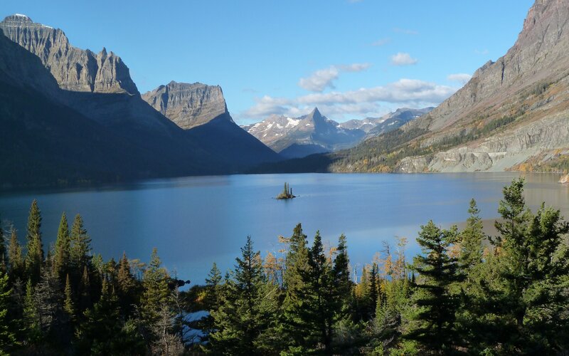 Mountain Lake with Island — Blue, Serene