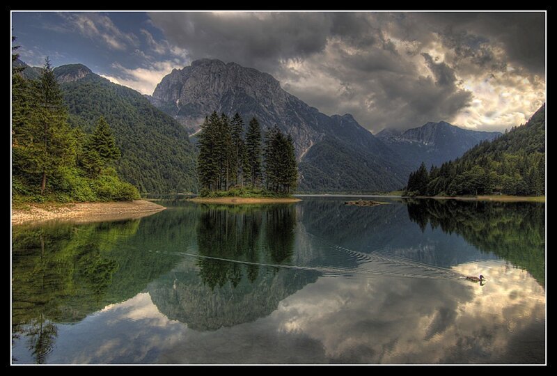 Mountain Lake with Island — Green