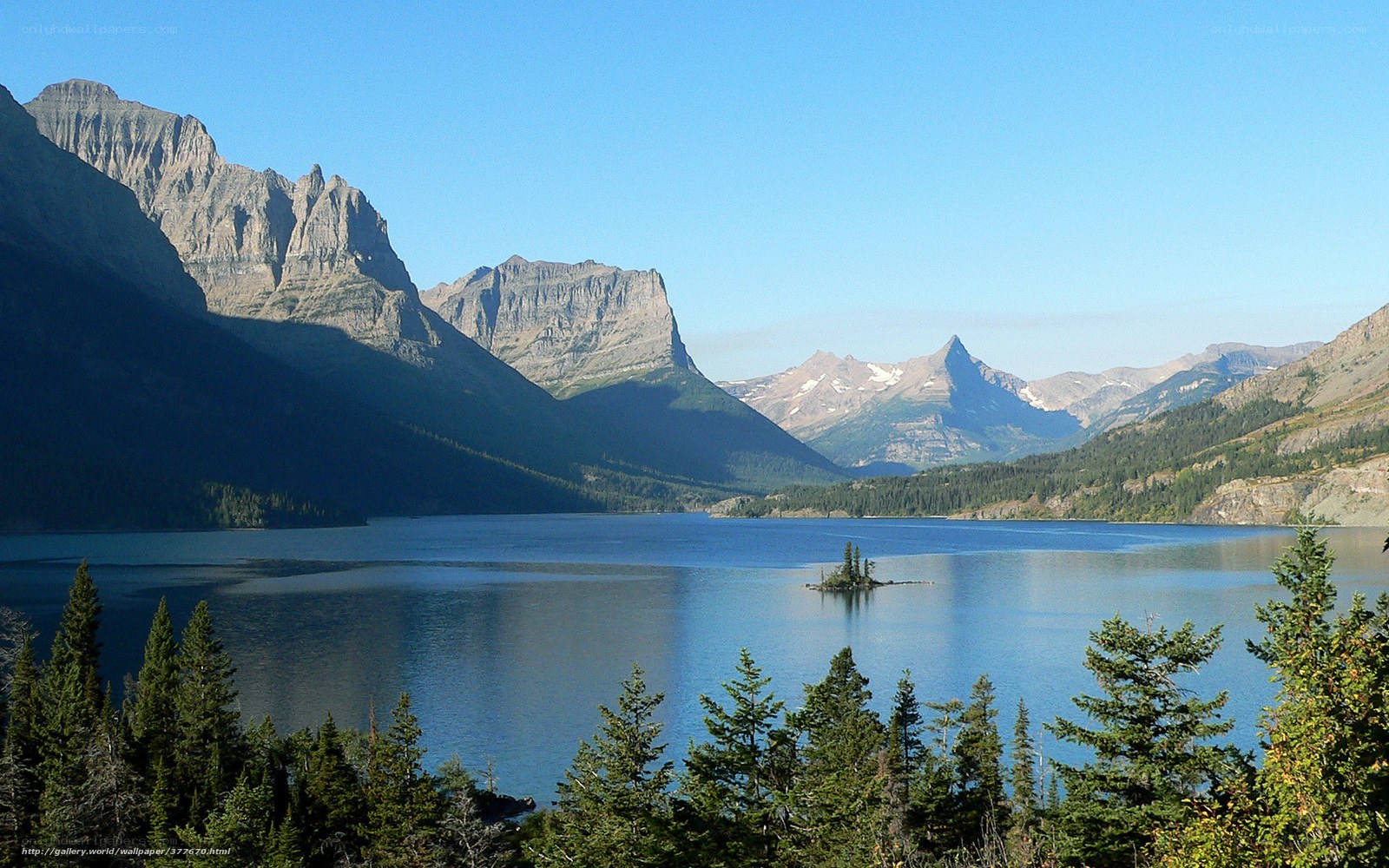 mountain lake with island