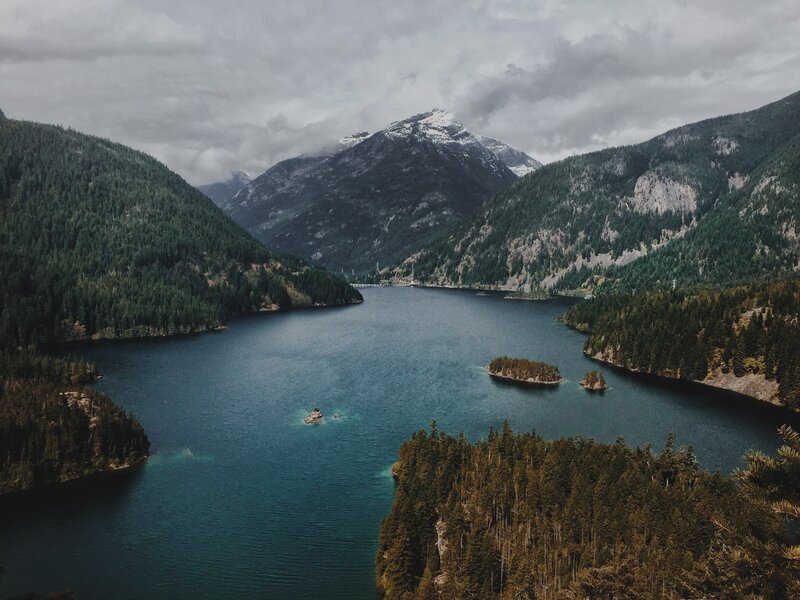 Mountain Lake with Islands — Blue, Dramatic