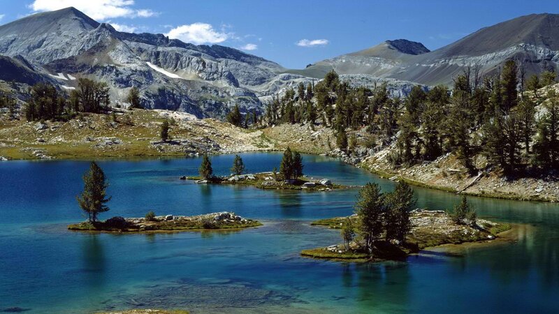 Mountain Lake with Islands — Blue, Serene, Afternoon, Photograph, Trees, Mountains