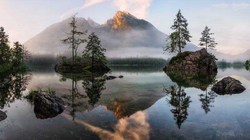 Mountain Lake with Islands — Blue, Serene, Morning, Photograph