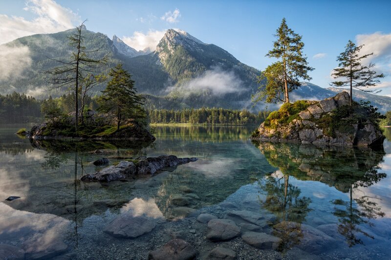 Mountain Lake with Islands — Blue, Serene, Morning, Photograph, Trees, Mountains