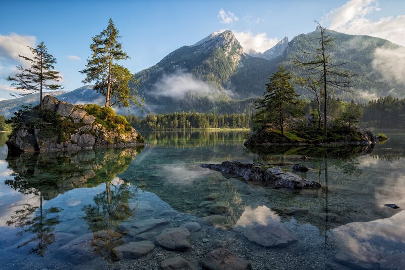 Mountain Lake with Islands — Blue, Serene, Morning, Photograph, Trees, Rocks