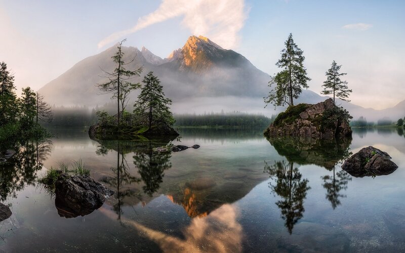 Mountain Lake with Islands — Blue, Serene, Morning, Photograph, Trees