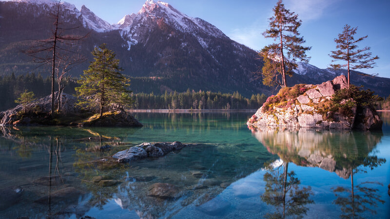 Mountain Lake with Islands — Blue, Serene, Morning