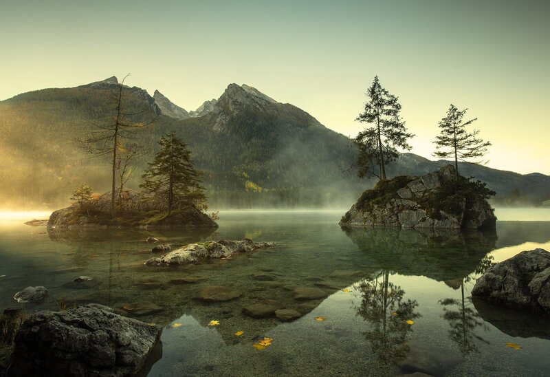 Mountain Lake with Islands — Green, Serene