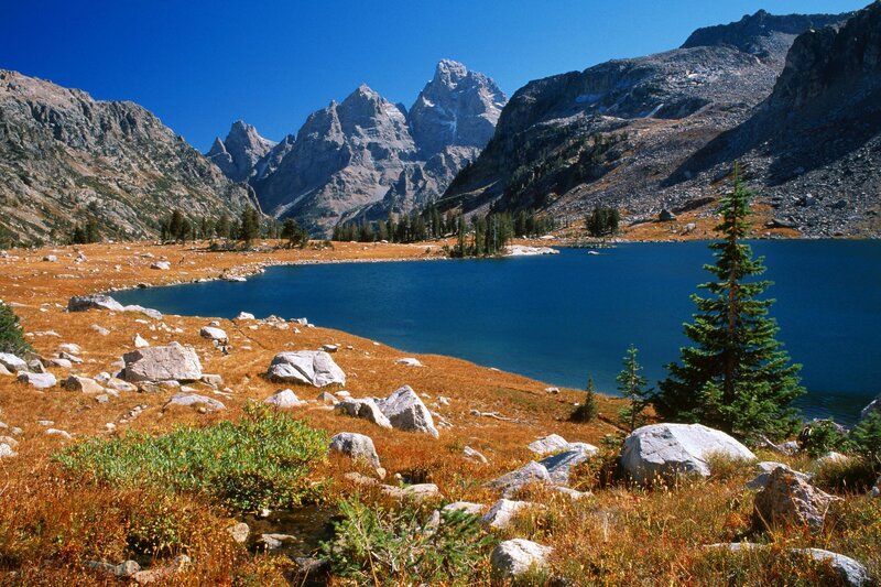 Mountain lake with jagged peaks