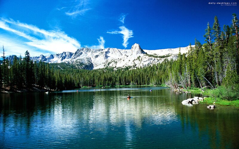 Mountain Lake with Kayakers — Blue