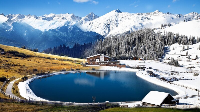Mountain Lake with Lodge — Blue, Serene