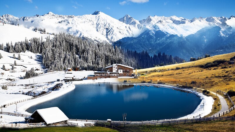 Mountain Lake with Lodge — Blue