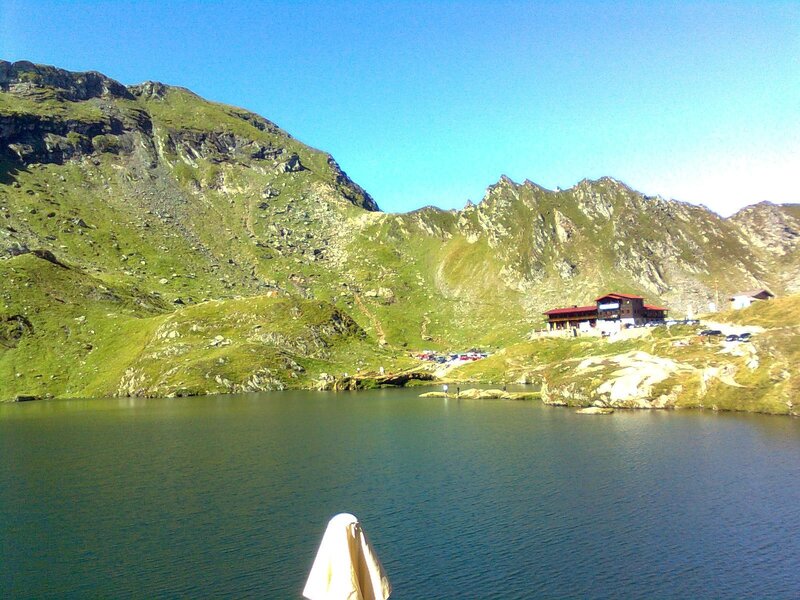 mountain lake with lodge
