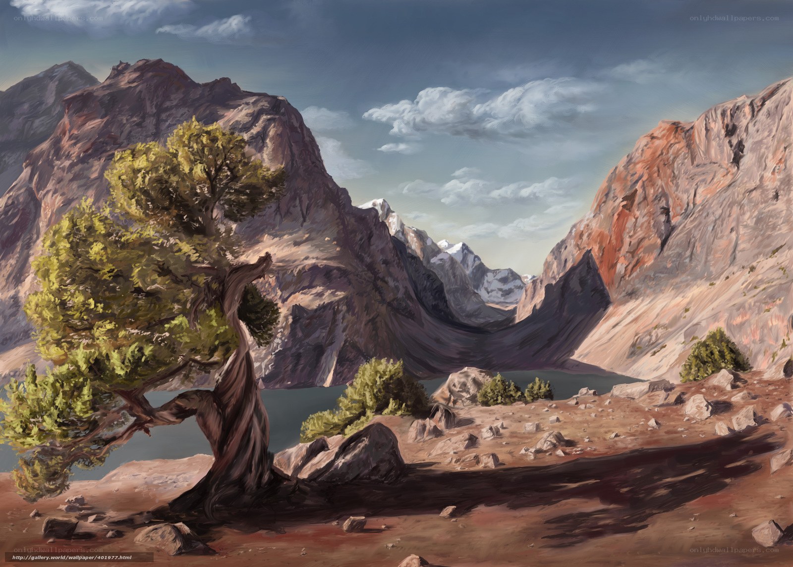 Mountain lake with lone tree