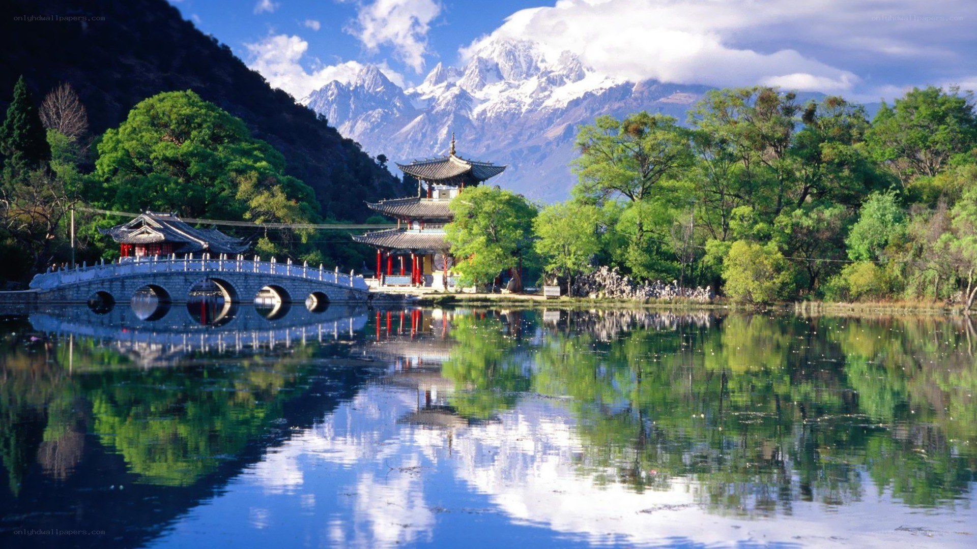 Mountain lake with pagoda