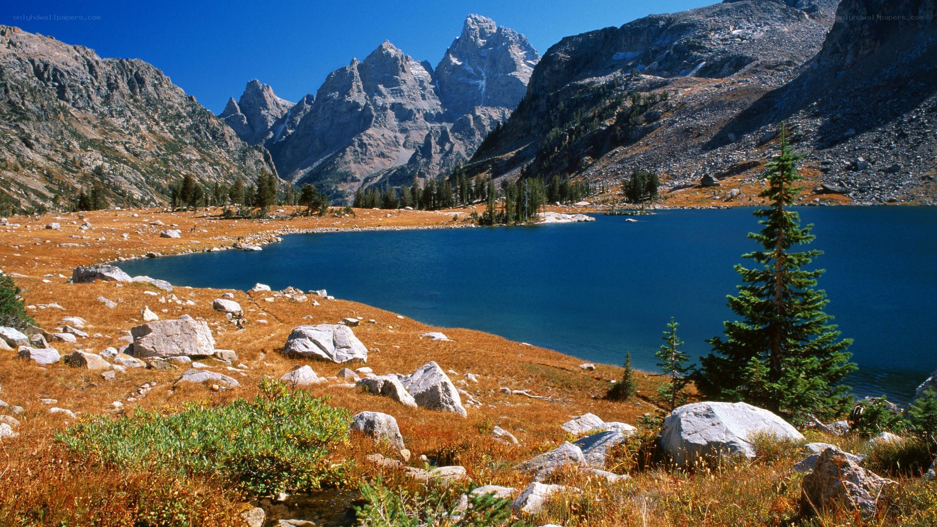 Mountain lake with peaks