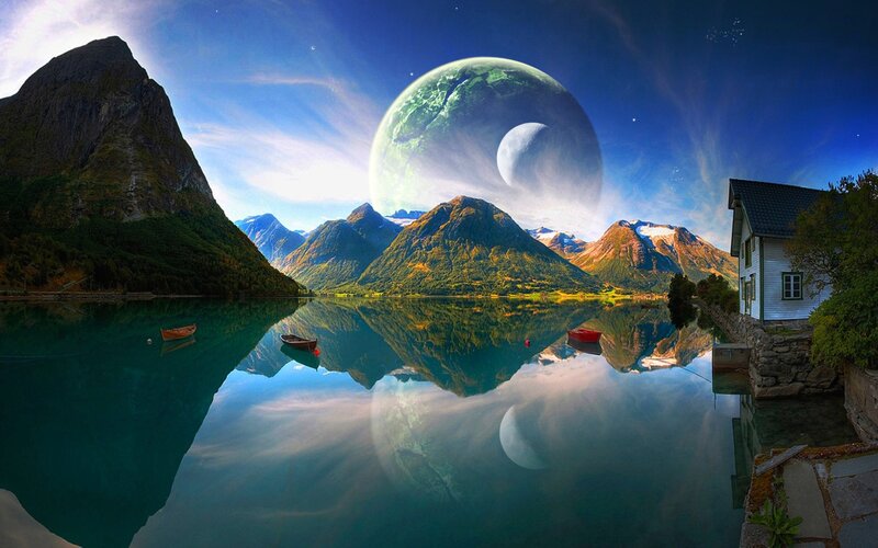 Mountain Lake with Planets
