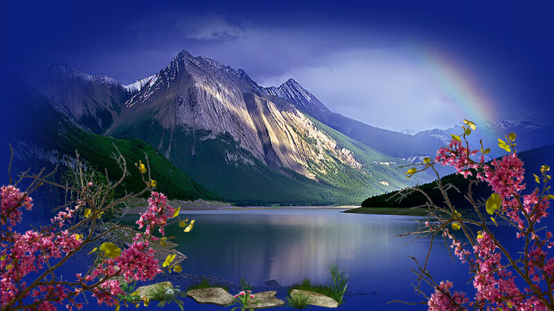 Mountain Lake with Rainbow — Blue, Serene, Afternoon, Photograph, Flowers