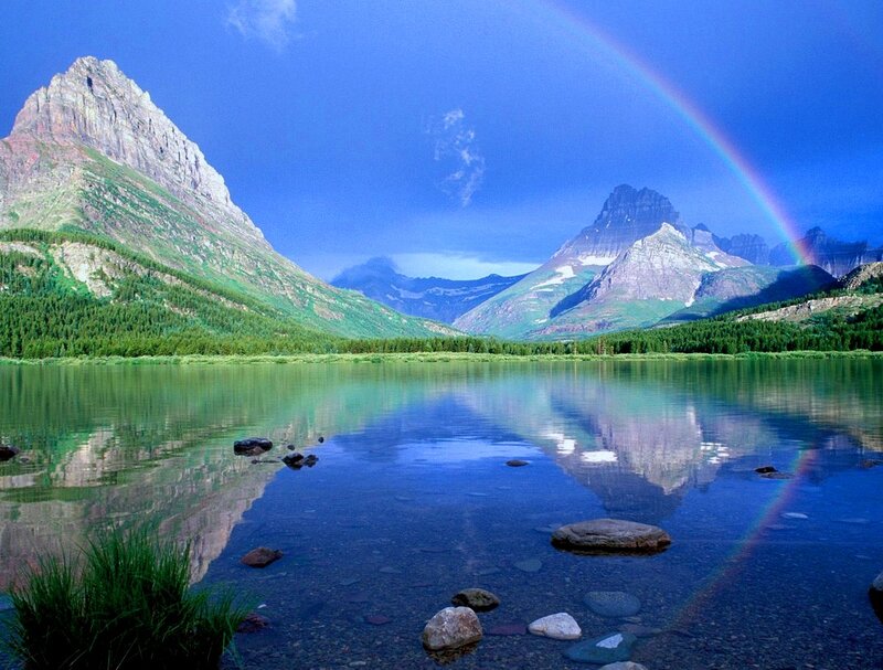 Mountain Lake with Rainbow — Blue, Serene, Afternoon, Photograph, Mountains, Forest
