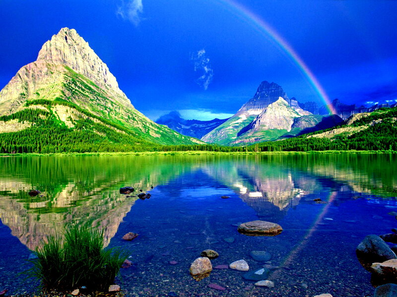Mountain Lake with Rainbow — Blue, Serene, Afternoon, Photograph