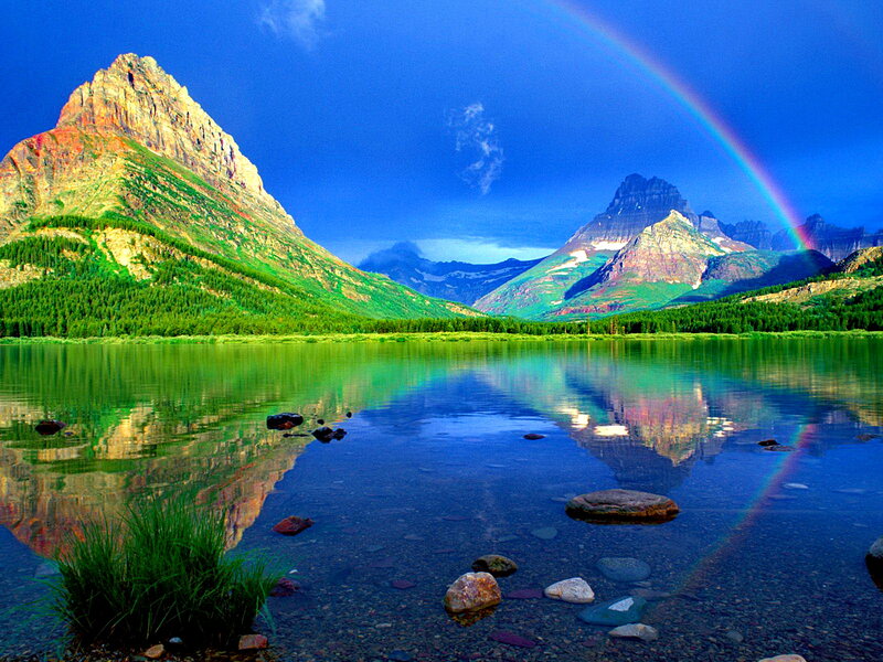 Mountain Lake with Rainbow — Blue, Serene, Afternoon