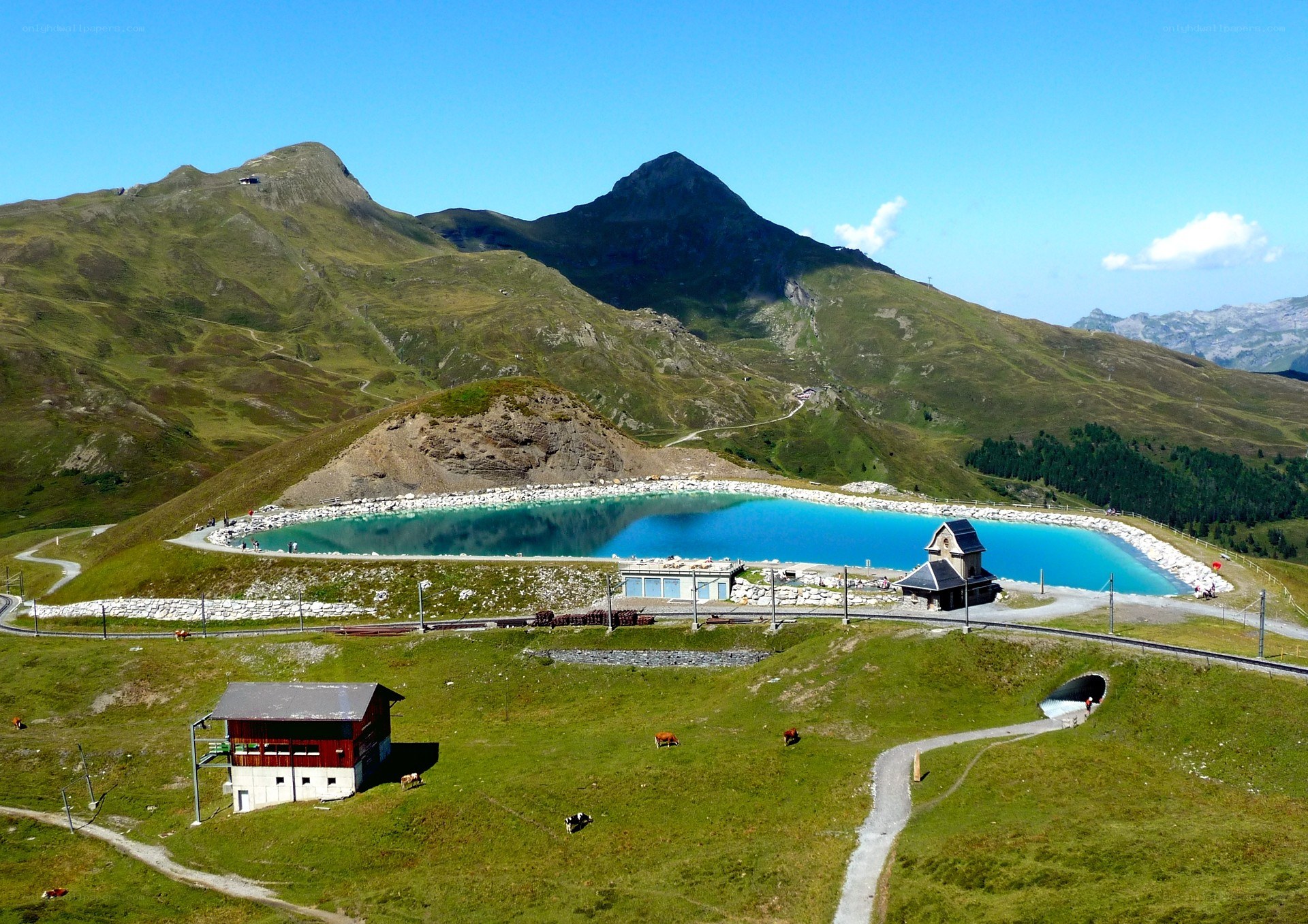 Mountain lake with reservoir