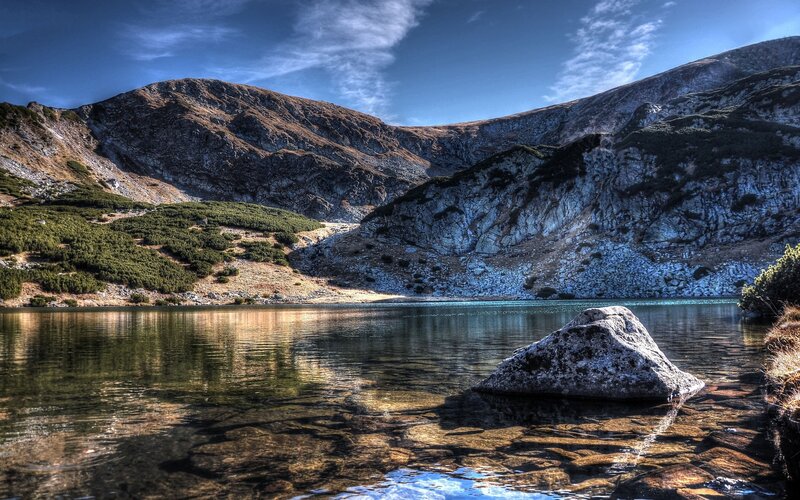 Mountain Lake with Rock — Blue, Serene, Afternoon, Photograph, Mountains