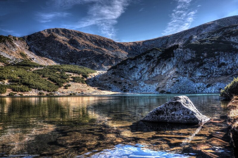 Mountain Lake with Rock — Blue, Serene, Afternoon