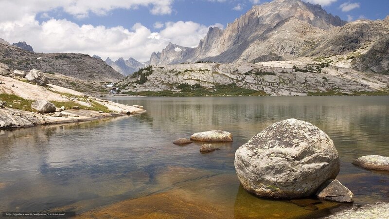Mountain Lake with Rocks — Blue, Serene, Afternoon, Photograph, Mountains, Sky, Clouds