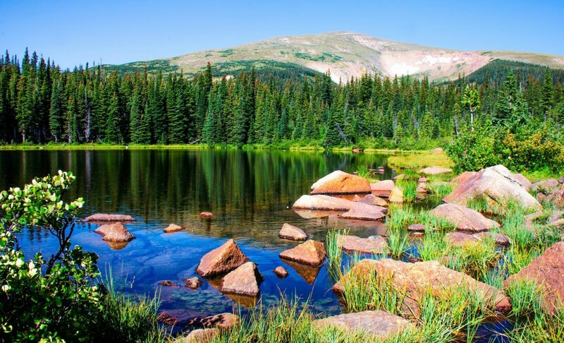 Mountain Lake with Rocks — Blue, Serene, Afternoon, Photograph, Trees, Grass