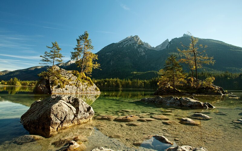 Mountain Lake with Rocks — Blue, Serene, Afternoon, Photograph, Trees, Mountains, Forest