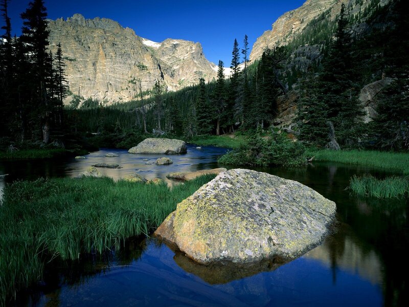 Mountain Lake with Rocks — Blue, Serene, Afternoon, Photograph, Trees, Mountains, River