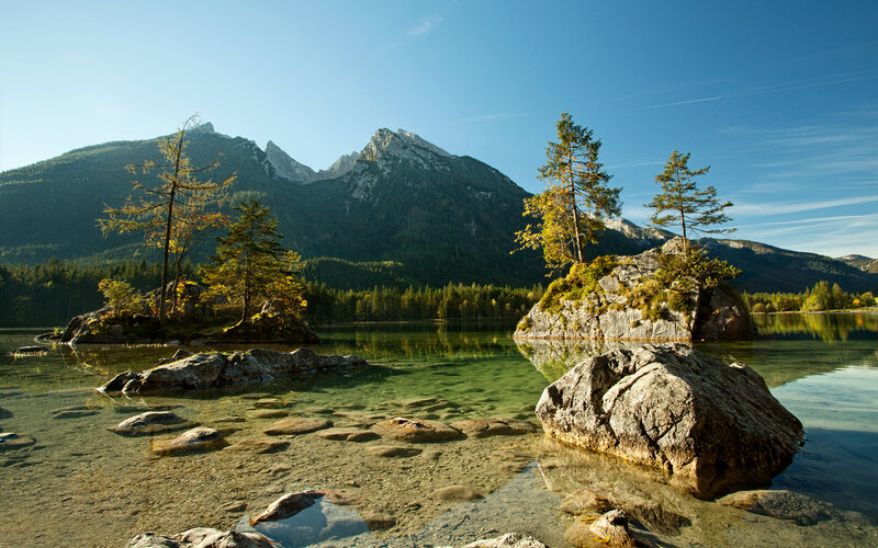 Mountain Lake with Rocks — Blue, Serene, Afternoon, Photograph, Trees, Mountains