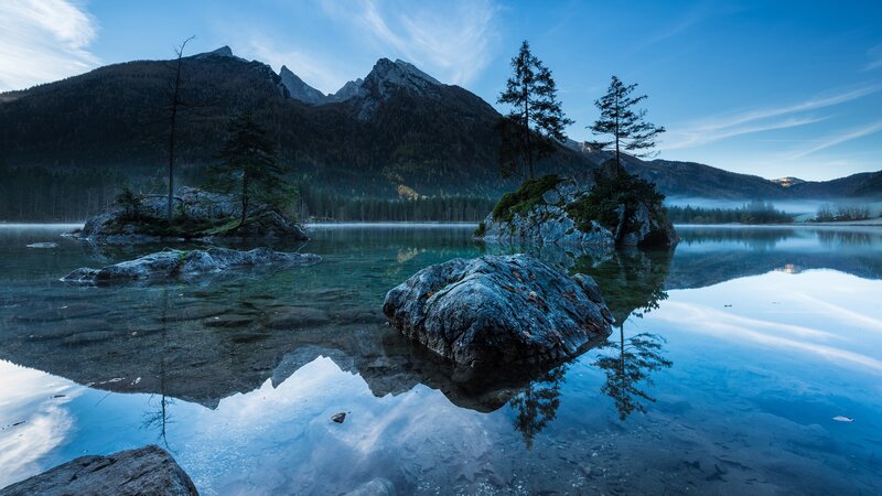 Mountain Lake with Rocks — Blue, Serene, Morning, Photograph, Mountains