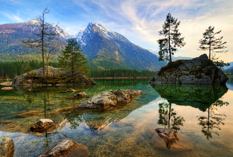 Mountain Lake with Rocks — Blue, Serene, Morning, Photograph
