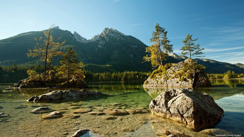 Mountain Lake with Rocks — Blue, Serene, Morning, Photograph, Trees, Mountains, Forest