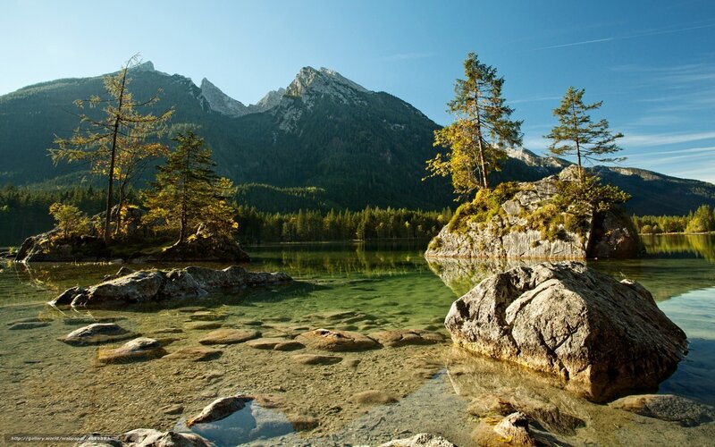 Mountain Lake with Rocks — Blue, Serene, Morning, Photograph, Trees