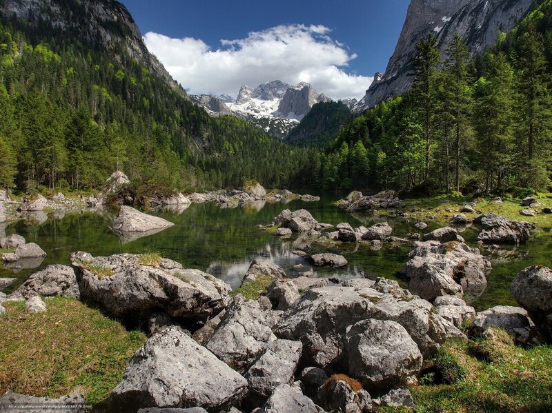 Mountain Lake with Rocks — Green, Serene, Afternoon, Photograph