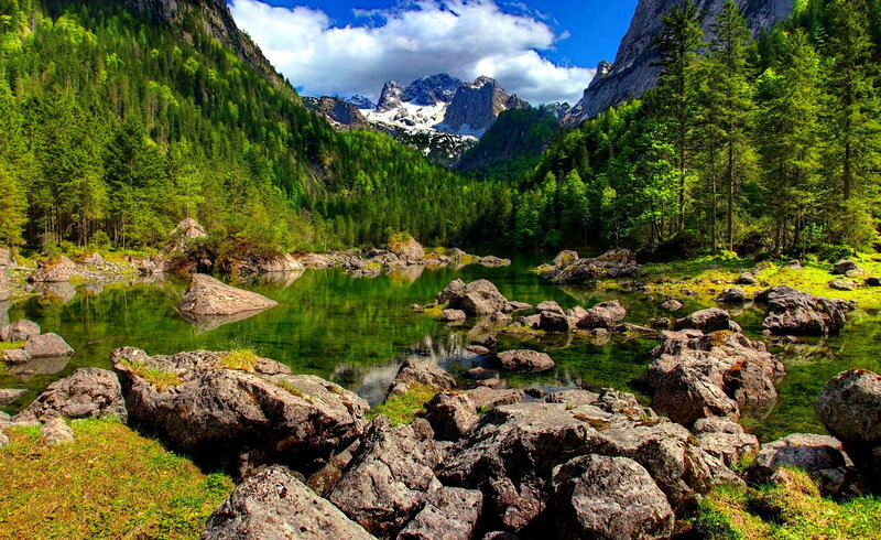 Mountain Lake with Rocks — Green, Serene, Afternoon