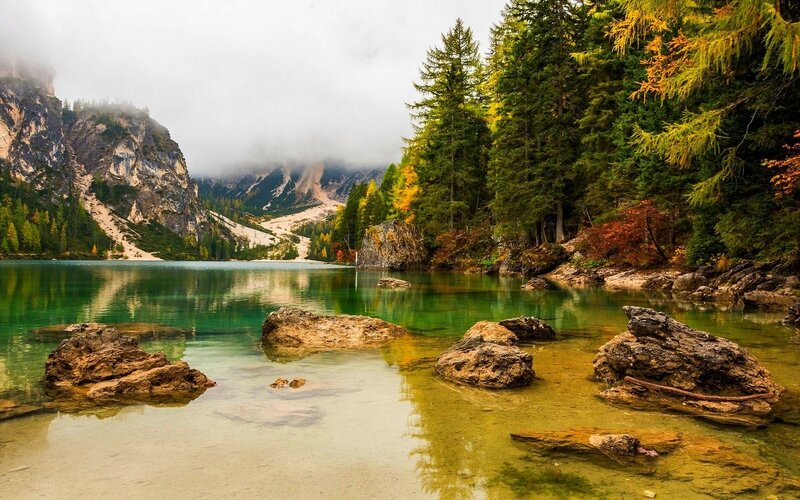 Mountain Lake with Rocks — Green, Serene, Autumn, Photograph