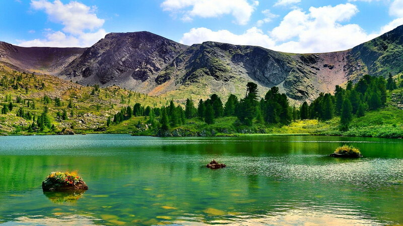 Mountain Lake with Rocks — Green, Serene