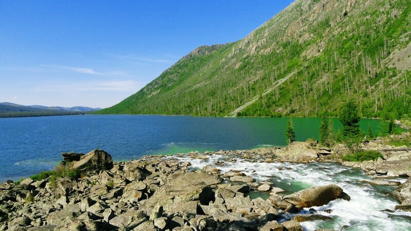 Mountain lake with rocky shore
