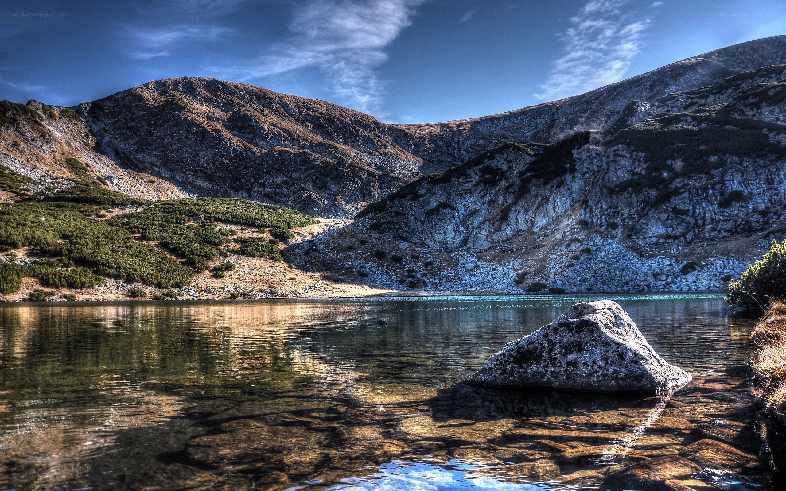 Mountain lake with rocky shore