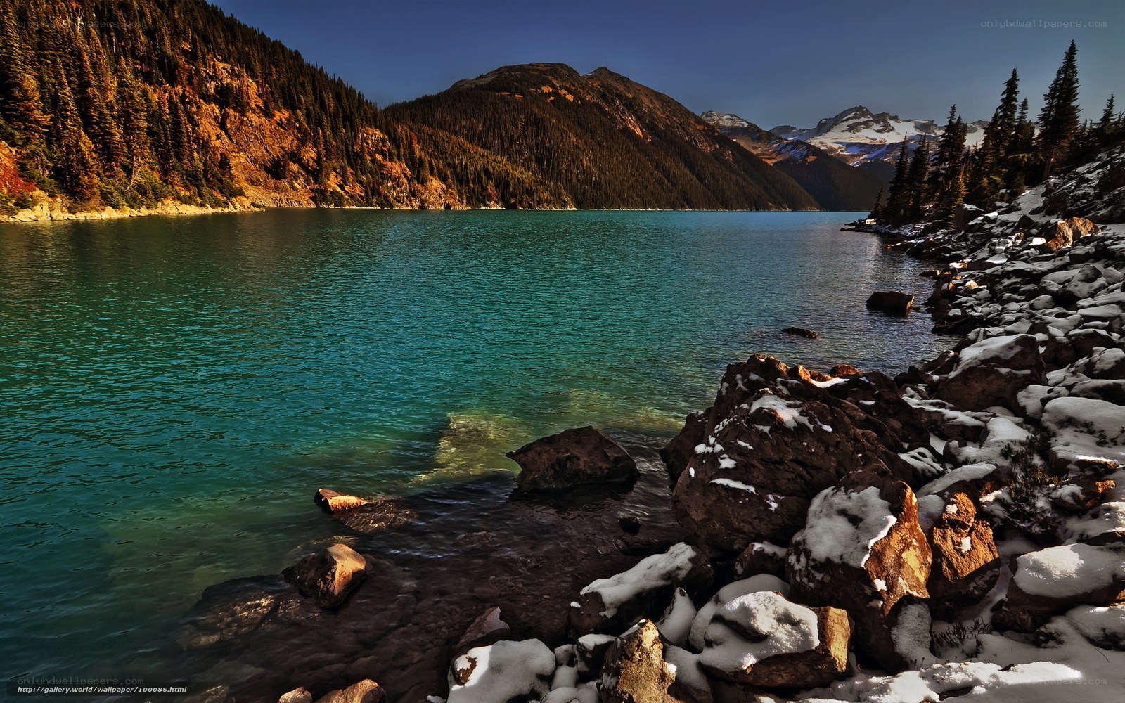 Mountain lake with snow and forest