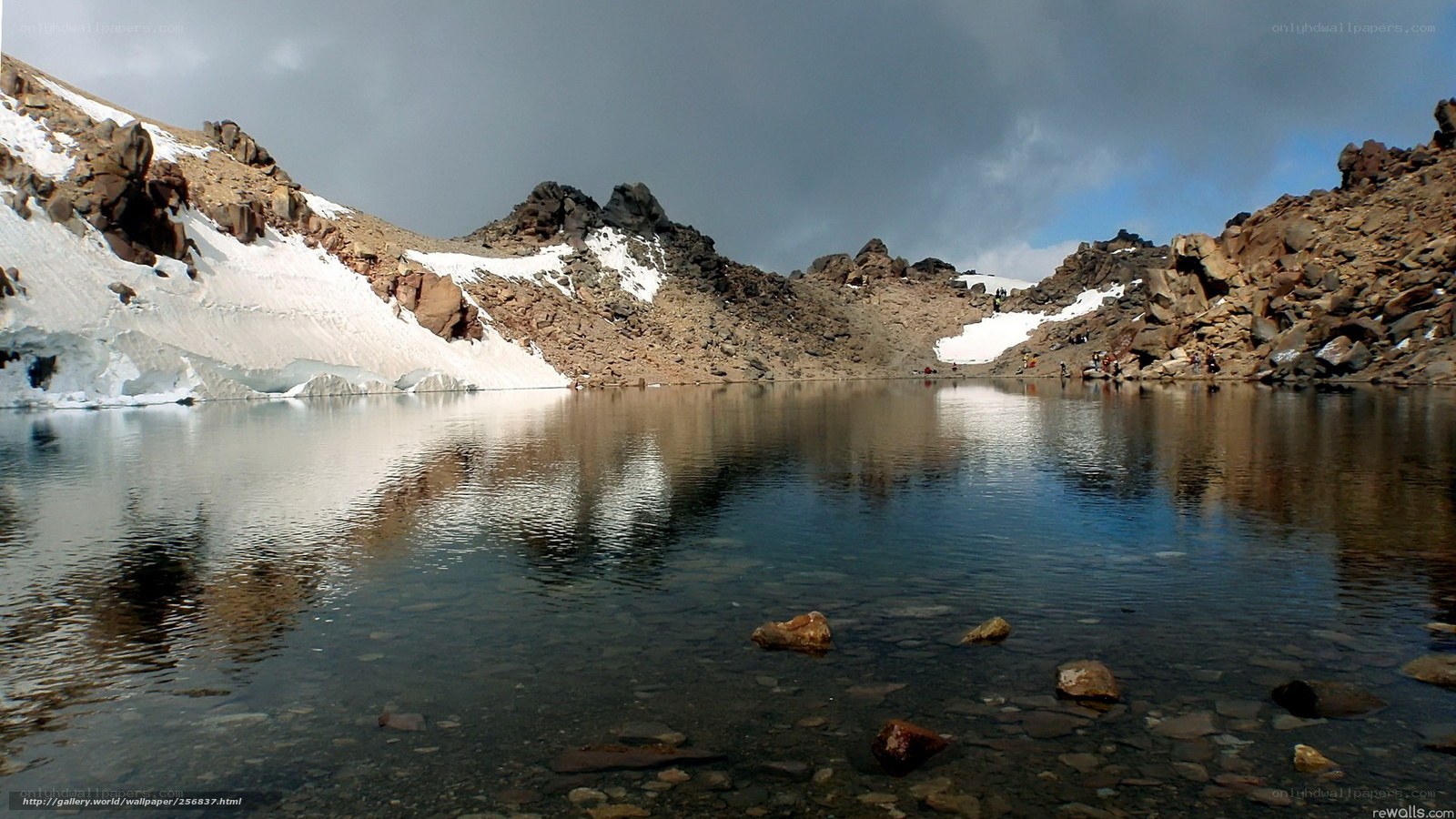 Mountain lake with snow and rocks