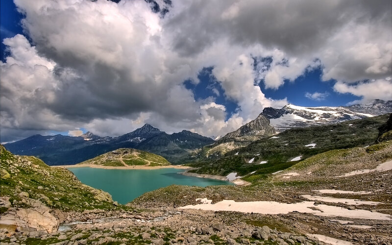 Mountain Lake with Snow — Blue, Dramatic, Afternoon